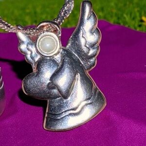 Vintage Sterling Silver Pearl Angel Pendant Braided Chain Necklace 20"